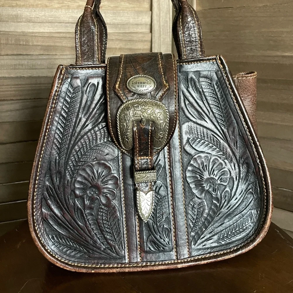 Vintage American West Western Tooled Leather Floral Satchel Tote Handbag Dark - Picture 5 of 10
